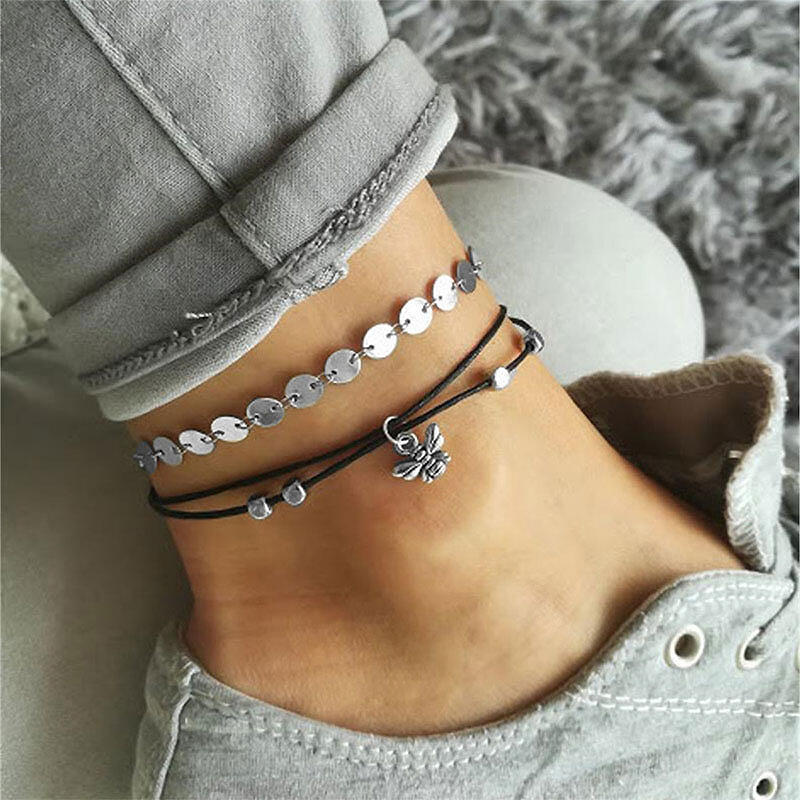 

Body Jewelry 2Pcs Vintage Bee Beading Anklet Set in Silver. Size