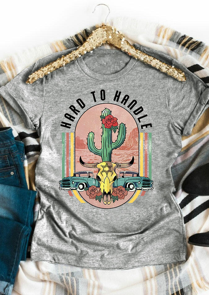 

Hard To Handle Cactus Steer Skull Floral T-Shirt Tee - Light Grey, 478078