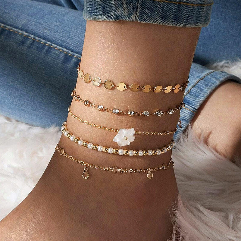 

Body Jewelry 5Pcs Flower Rhinestone Beading Anklet in Gold. Size