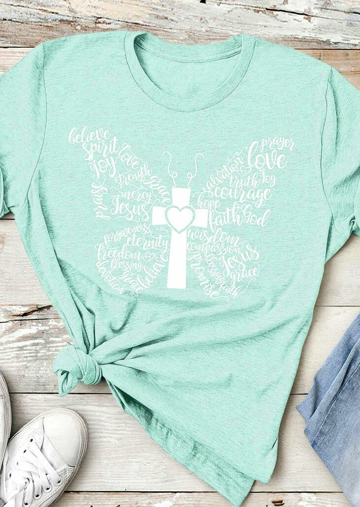 

Butterfly Cross Heart T-Shirt Tee - Light Green, 478083