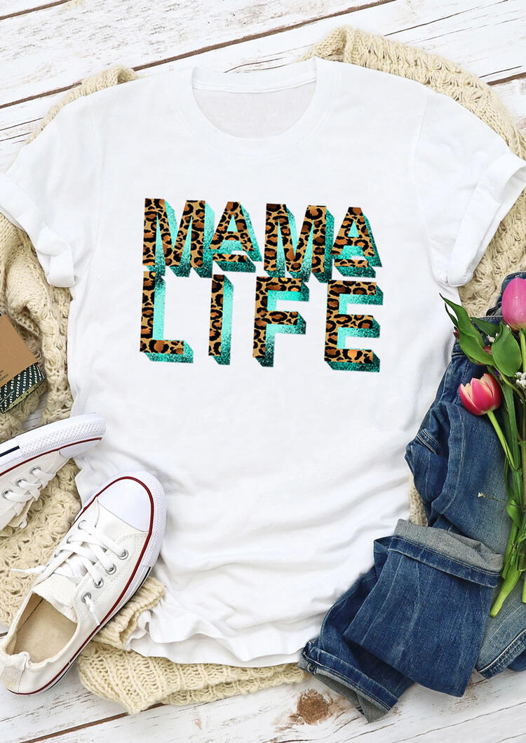 

Tees T-shirts Mama Life Leopard T-Shirt Tee in White. Size
