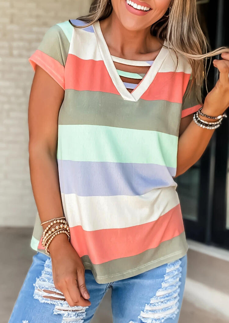 

Color Block Striped Splicing Hollow Out Blouse, Stripe, 478180