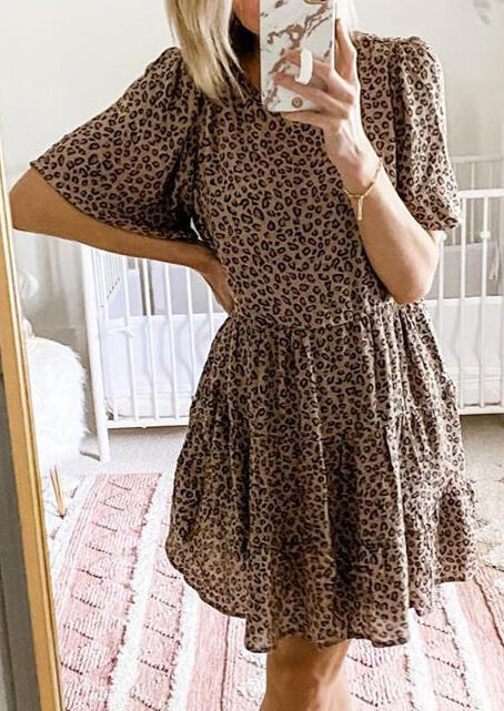 

Presale - Leopard Ruffled Flare Sleeve Mini Dress, 478182