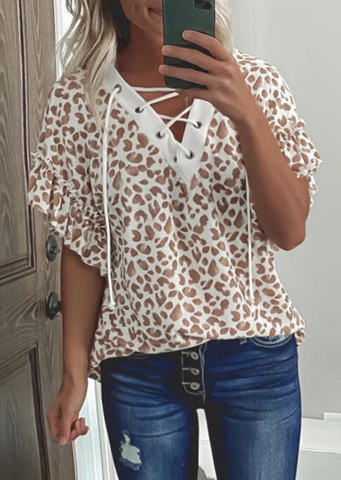 

Blouses Leopard Lace Up Ruffled Flare Sleeve Blouse in Leopard. Size