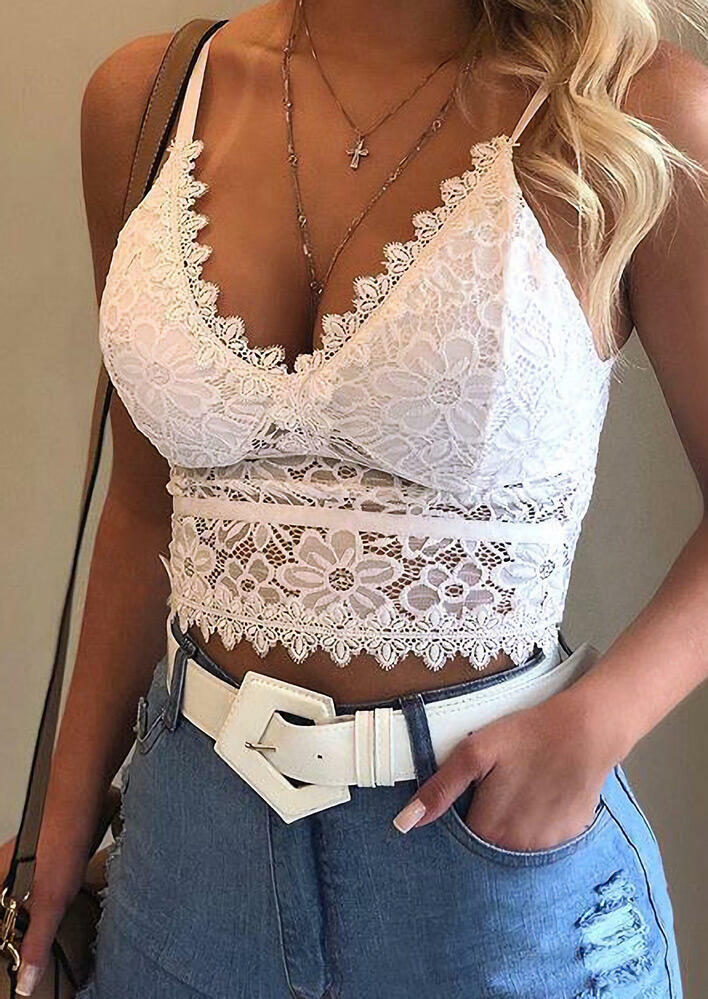 Crop Tops Floral Lace Hollow Out Open Back Crop Top without Necklace in Black. Size: L,M,S,XL