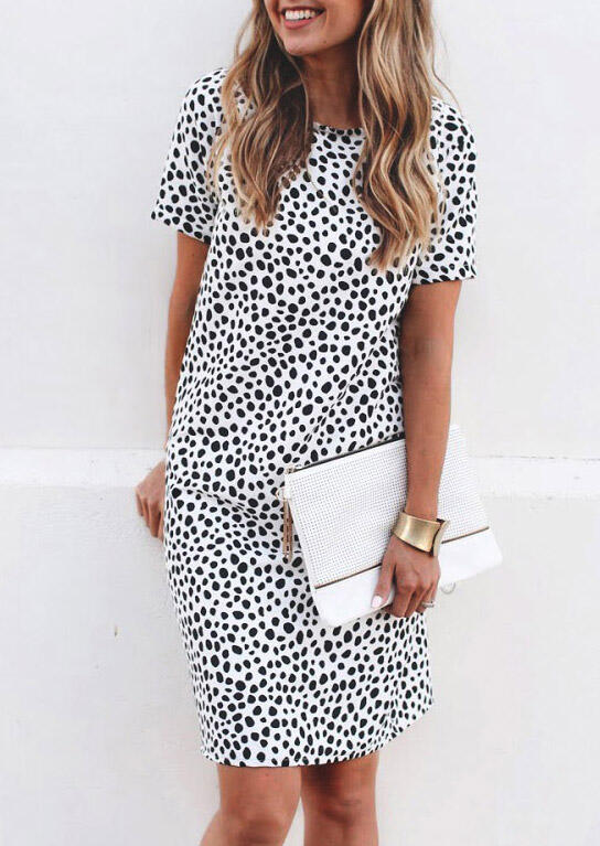 

Leopard Polka Dot O-Neck Mini Dress - White, 477344