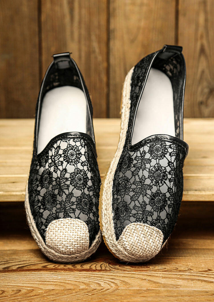 

Lace Floral Braid Slip On Flat Sneakers - Black, 477779
