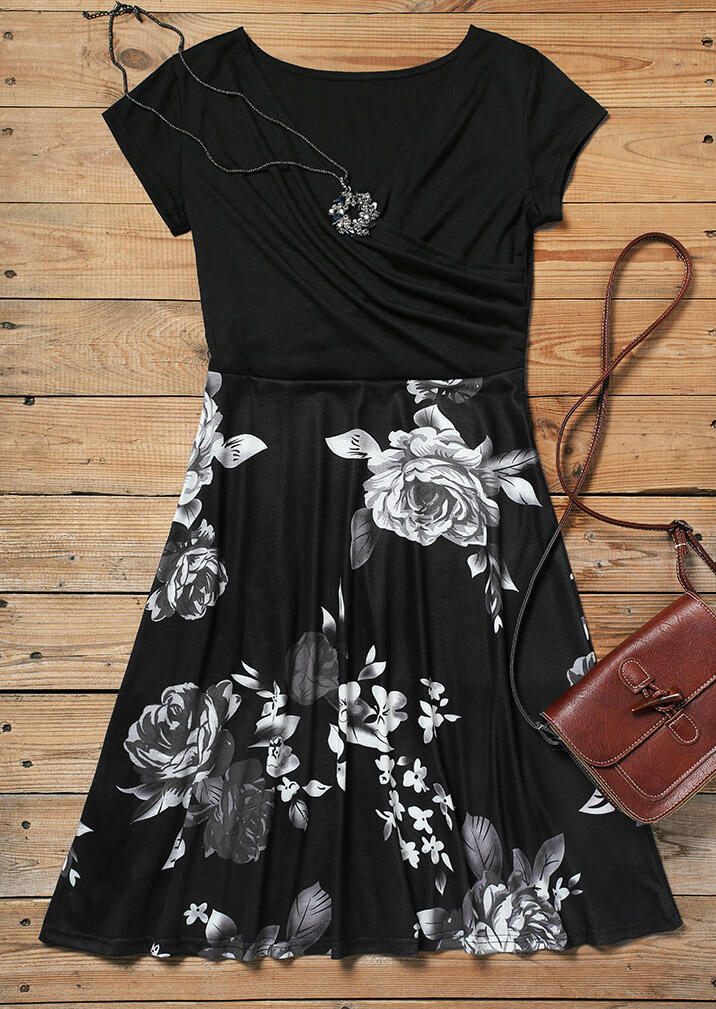 Floral V-Neck Wrap Mini Dress - Black