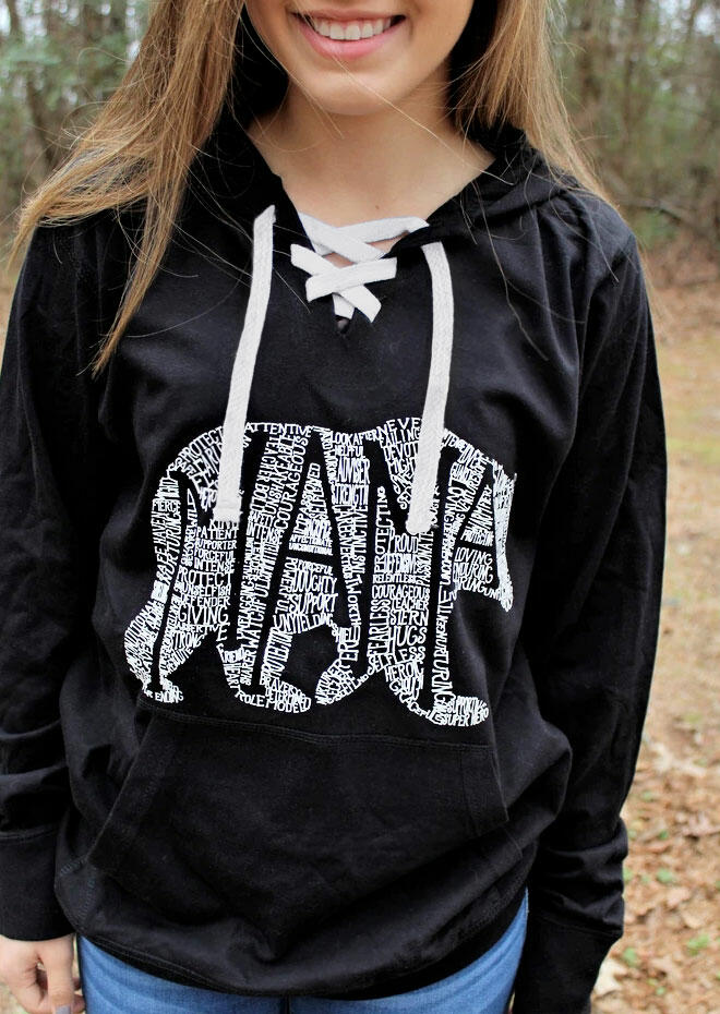 

Hoodies What' In A Mama Bear Lace Up Hoodie in Black. Size: ,M,L,XL