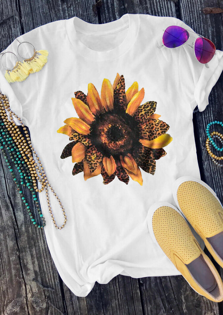 

Leopard Sunflower O-Neck T-Shirt Tee - White, 477754