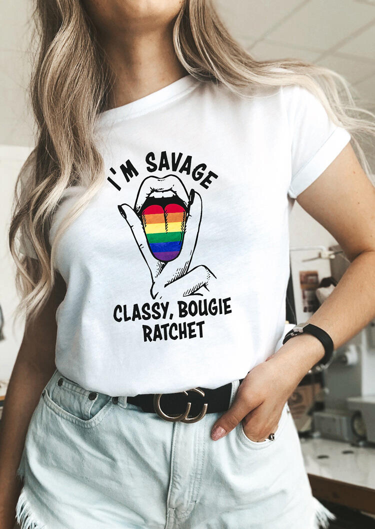 

Tees T-shirts I' Savage Rainbow Tongue Victory Gesture T-Shirt Tee in White. Size