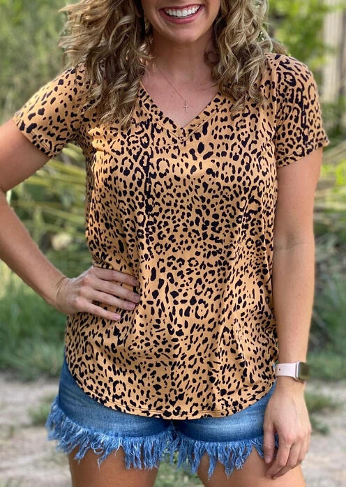 

Leopard V-Neck Asymmetric Blouse, 478308