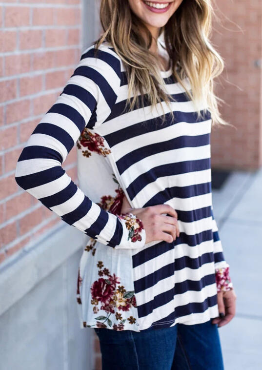 

Floral Striped Splicing O-Neck T-Shirt Tee, Stripe, 478325