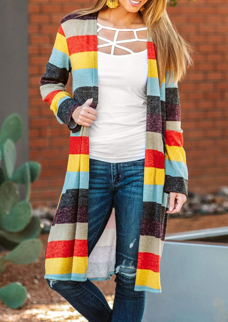 

Cardigans Colorful Striped Pocket Long Cardigan in Multicolor. Size