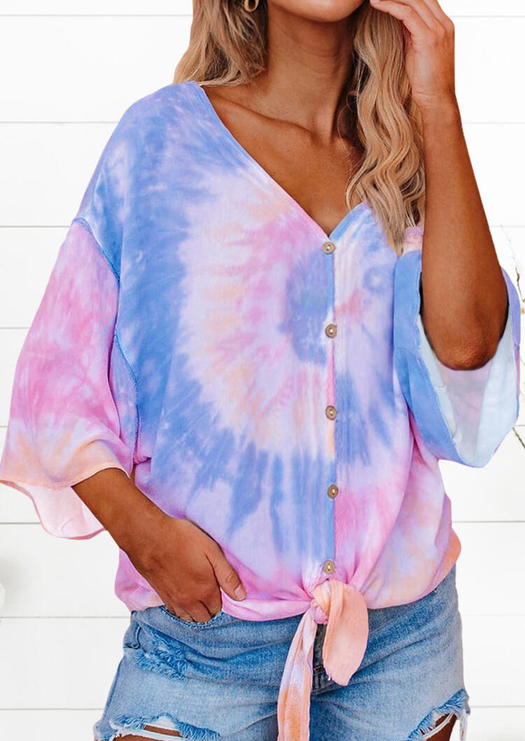 

Blouses Tie Dye Swirl Button Knot V-Neck Blouse in Multicolor. Size