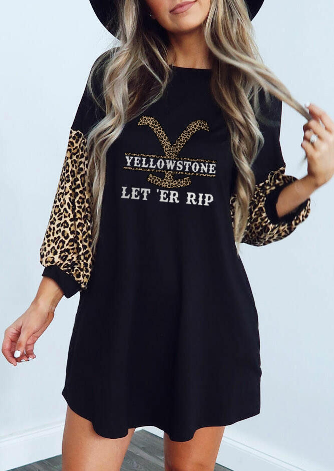 

Mini Dresses Presale - Yellowstone Leopard Elastic Cuff Mini Dress - Black. Size: S,M,,XL