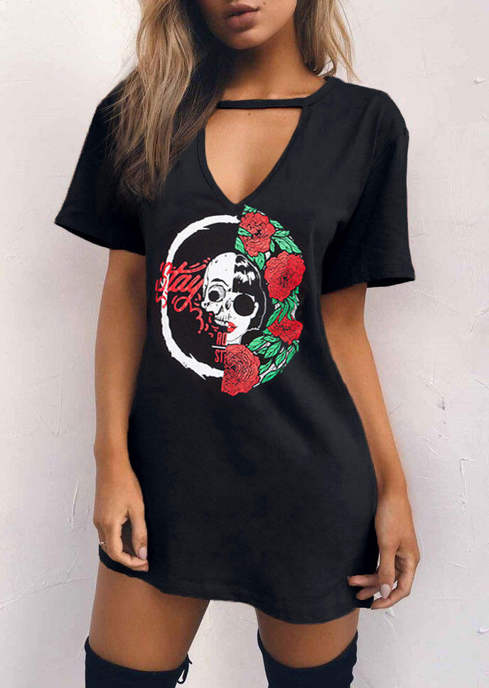 

Mini Dresses Presale - Letter Skull Floral Hollow Out V-Neck Mini Dress in Black. Size: S,M,,XL