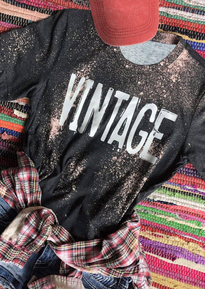 

Vintage Bleached O-Neck T-Shirt Tee - Black, 477728