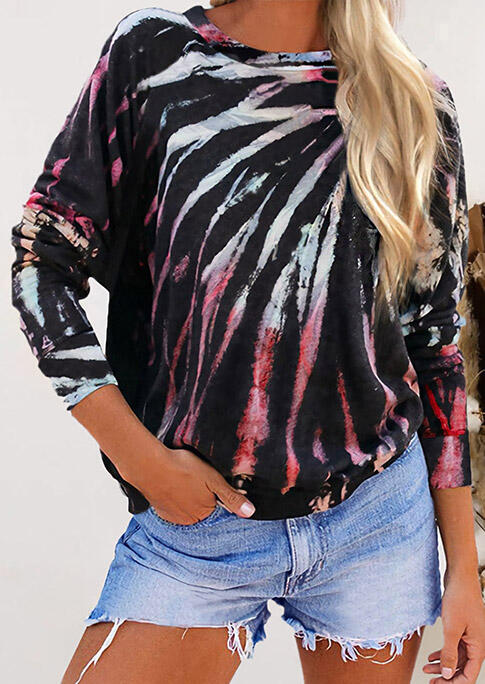 

Blouses Tie Dye O-Neck Blouse in Black. Size