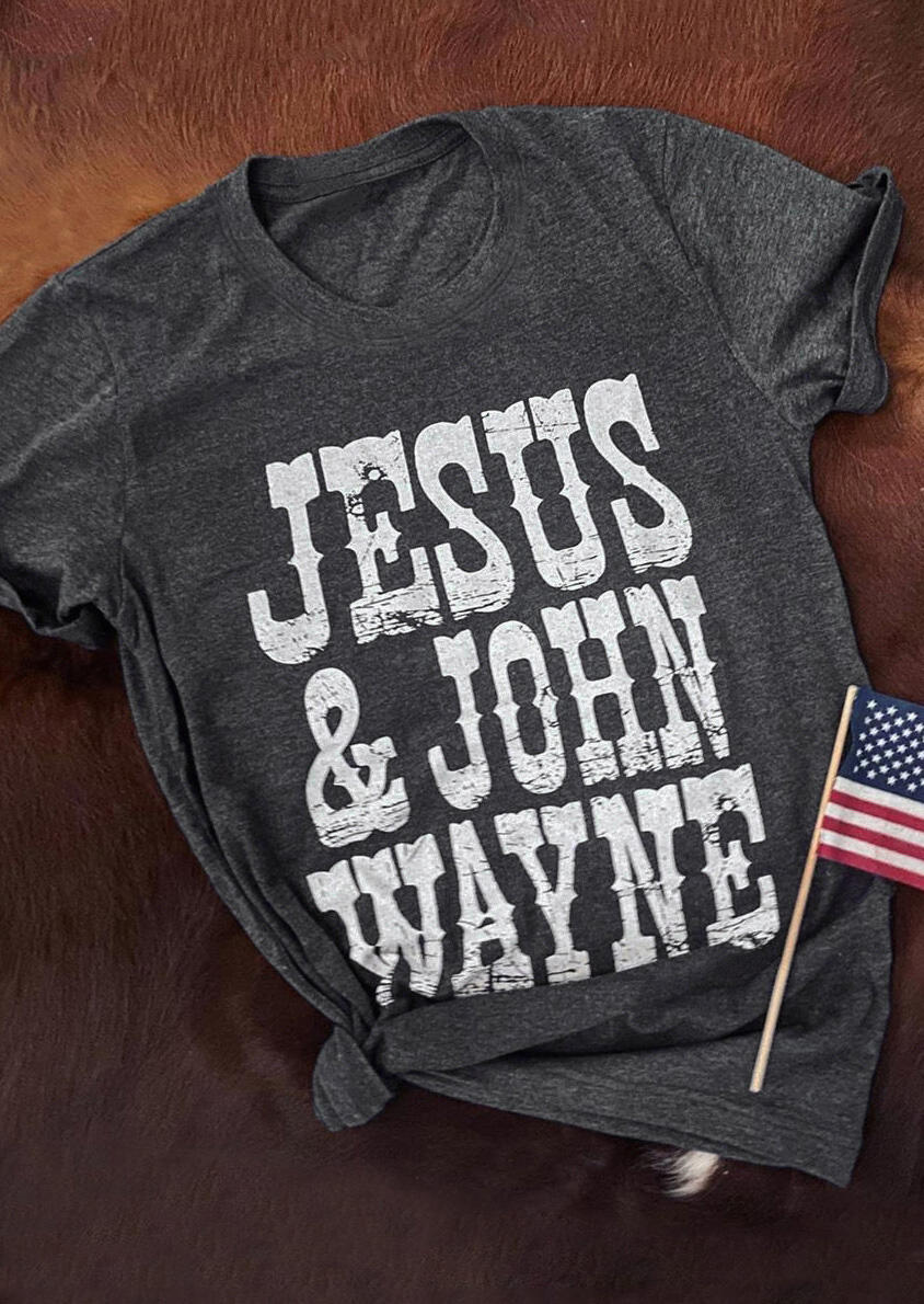 Jesus & John Wayne O-Neck T-Shirt Tee - Gray thumbnail