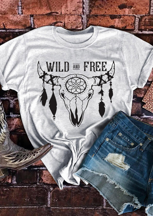 

Tees T-shirts Wild And Free Steer Skull Feather Floral T-Shirt Tee in Light Grey. Size: ,M