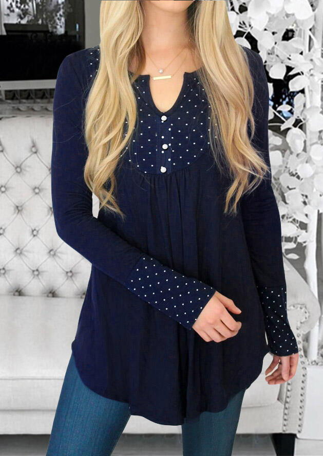 

Blouses Polka Dot Ruffled Button Long Sleeve Blouse in Navy Blue. Size