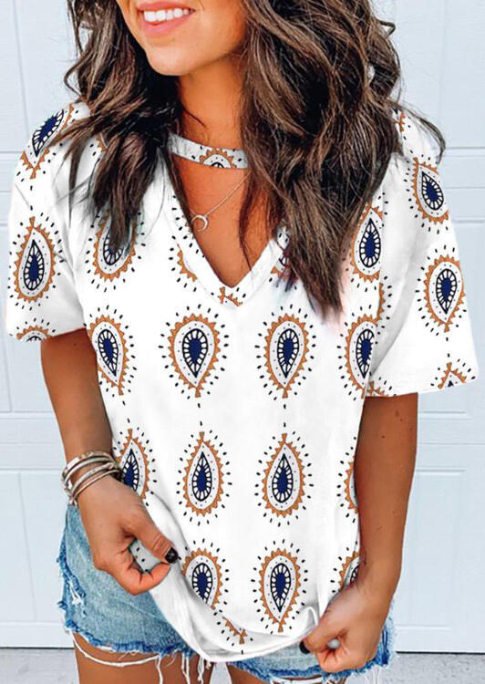 Paisley Cut Out V-Neck Blouse - White