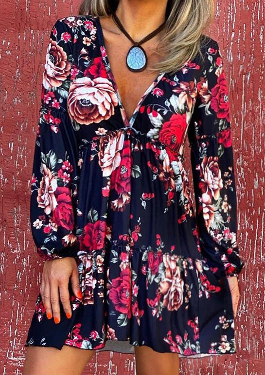 

Presale - Floral Ruffled Lantern Sleeve V-Neck Mini Dress - Navy Blue, 478597