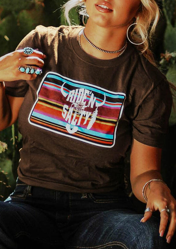 

Colorful Serape Striped Steer Skull Feather T-Shirt Tee - Coffee, 478601