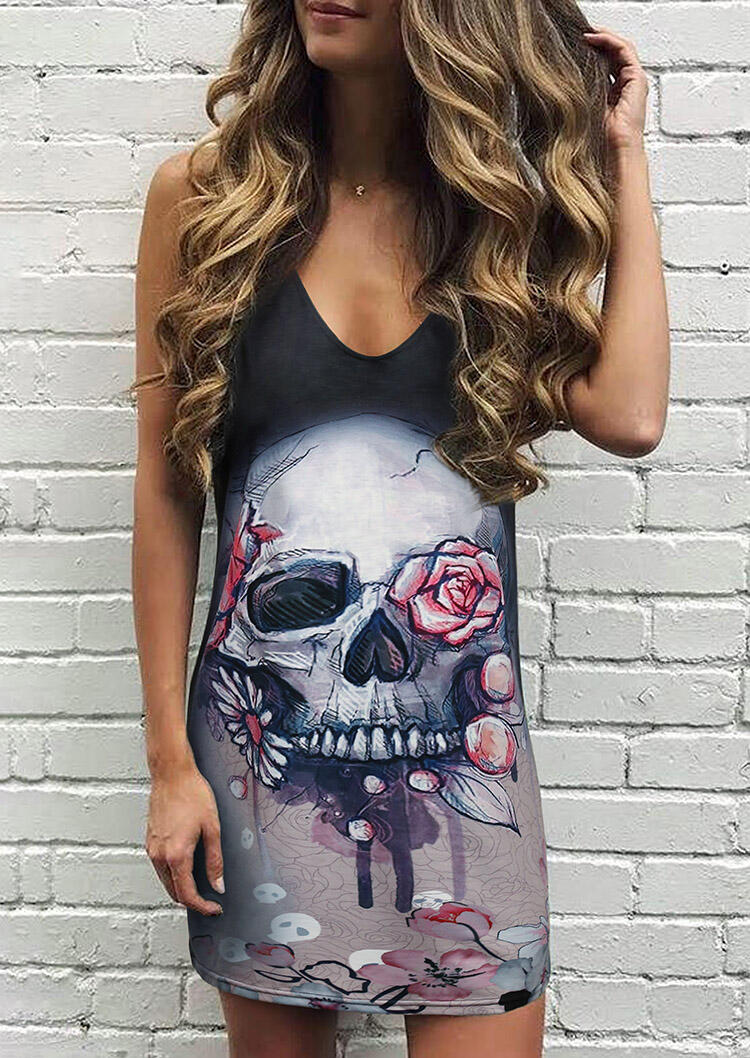

Floral Skull V-Neck Mini Dress - Black, 477530
