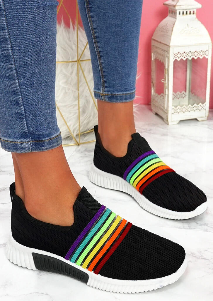 

Sneakers Breathable Rainbow Slip On Round Toe Sneakers in Black. Size