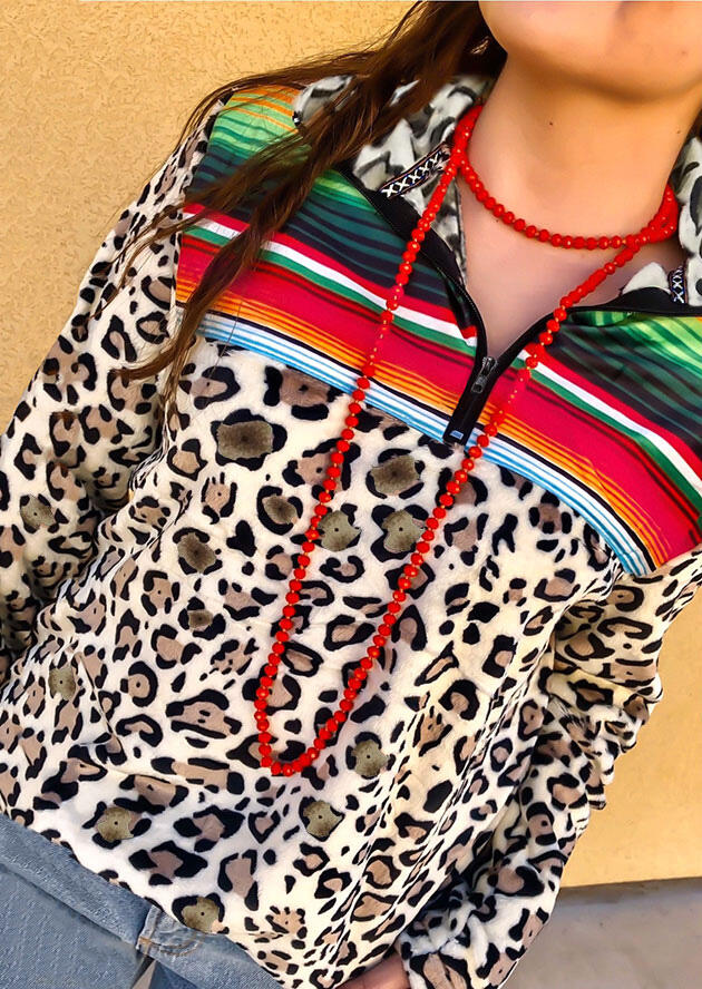 

Leopard Serape Striped Zipper Collar Sweatshirt, 478358