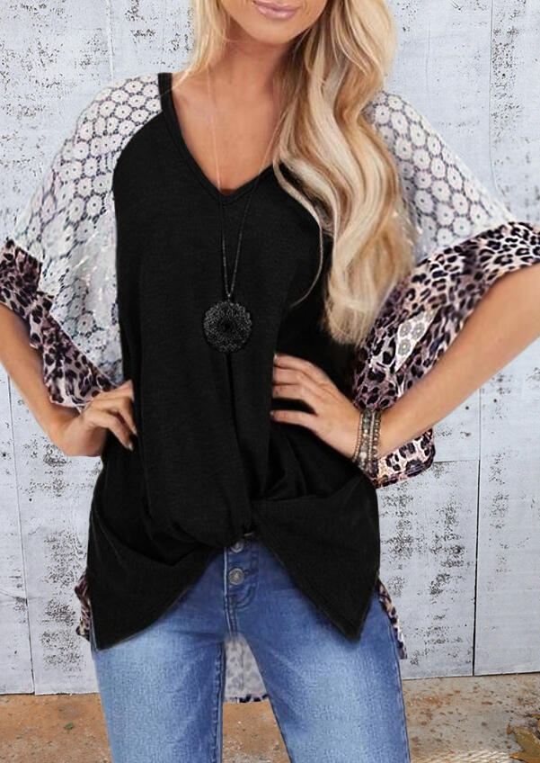 

Blouses Leopard Lace Splicing Twist Blouse in Black. Size