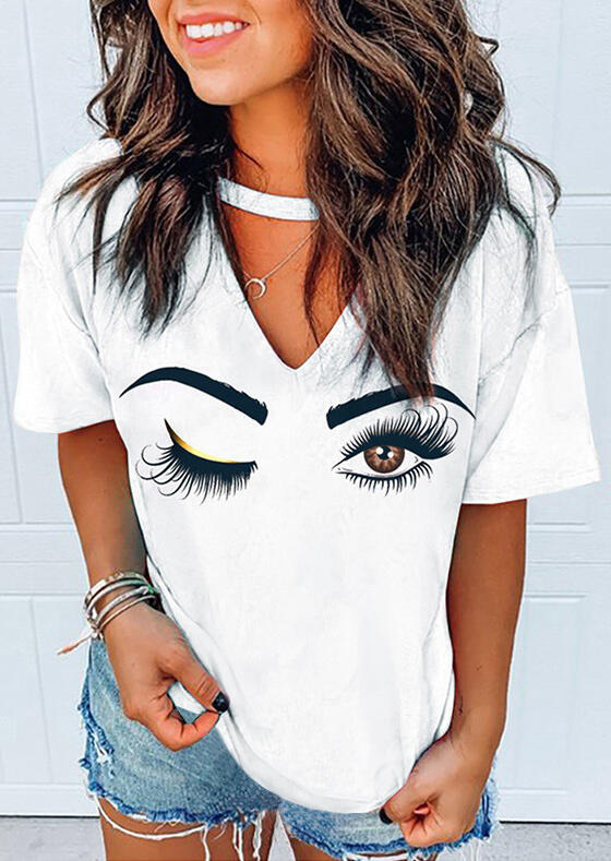 

Eyebrow Hollow Out V-Neck T-Shirt Tee - White, 478602