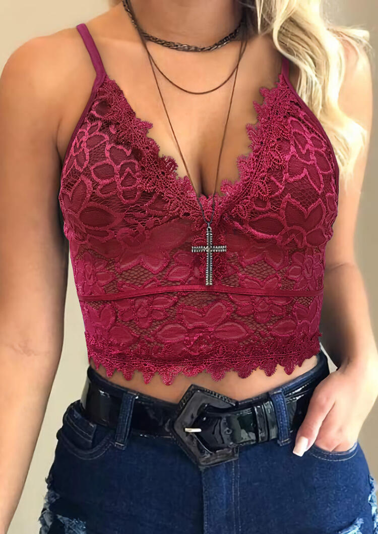 

Crop Tops Floral Lace Hollow Out Open Back Crop Top in Burgundy. Size: ,XL