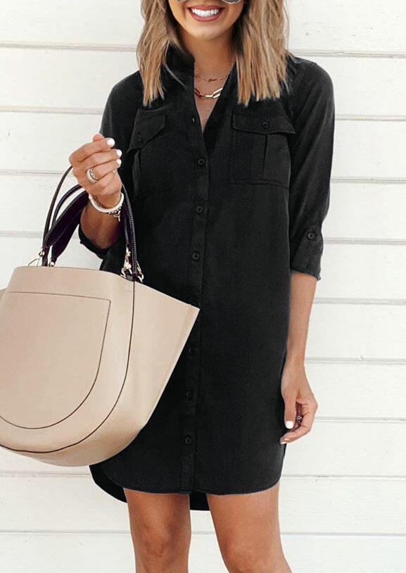 

Mini Dresses Presale - Button Pocket Slit Mini Dress in Black. Size: S,M,,XL