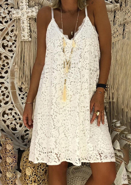 

Lace Splicing V-Neck Spaghetti Strap Mini Dress - White, 477848