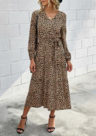 Leopard Ruffled Elastic Cuff Casual Dress