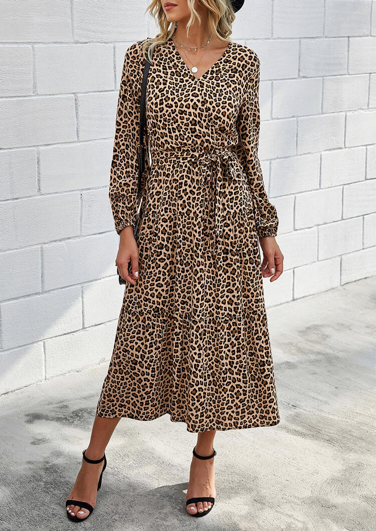 

Leopard Ruffled Elastic Cuff Casual Dress, 478769