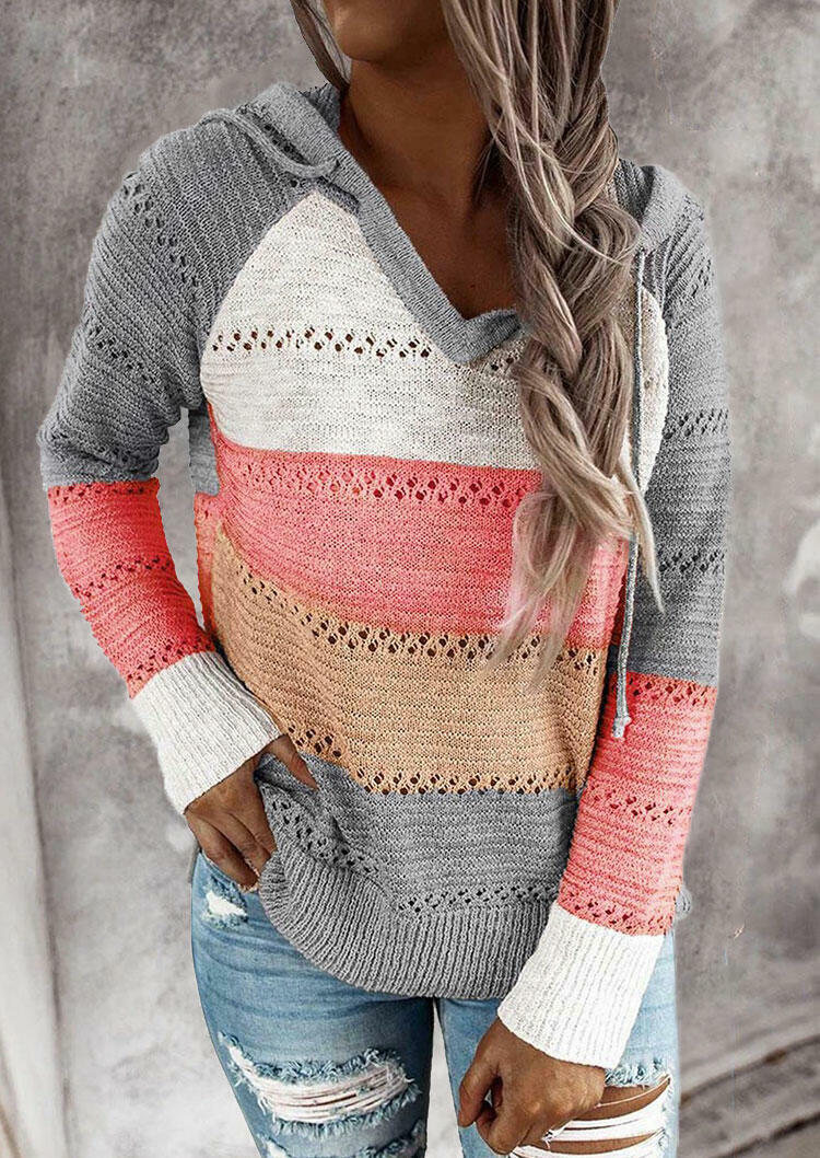 Sweaters Color Block Hollow Out Drawstring Knitted Sweater in Pink. Size: L,S