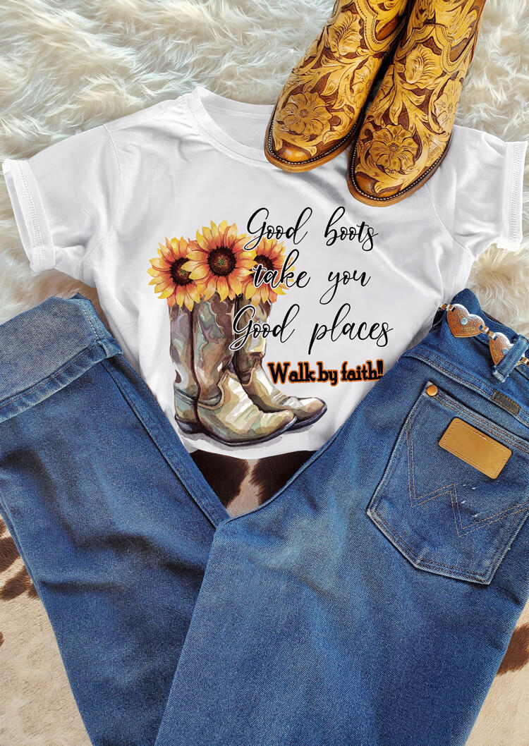 

Tees T-shirts Sunflower Good Boots Take You Good Places T-Shirt Tee in White. Size: S