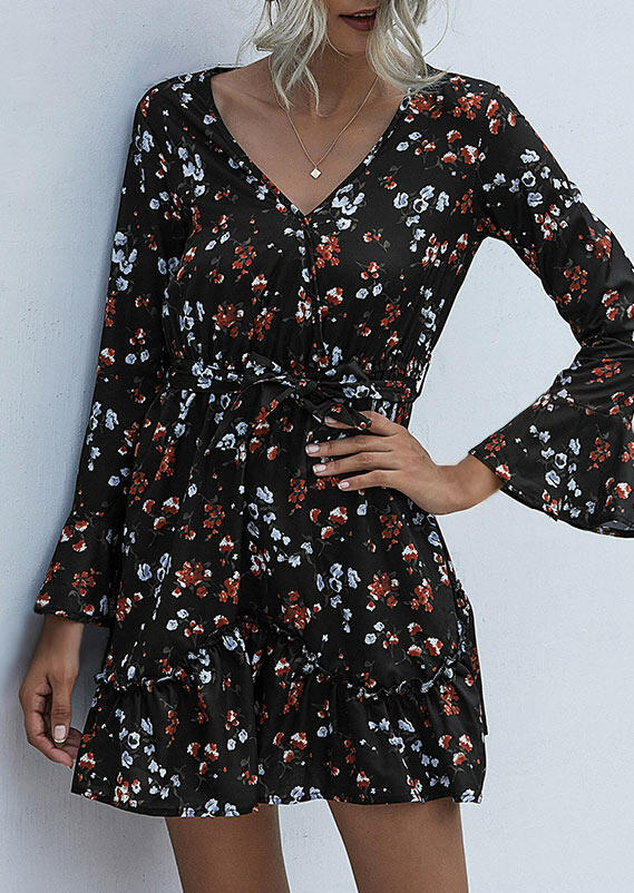 

Floral Ruffled V-Neck Mini Dress - Black, 478680