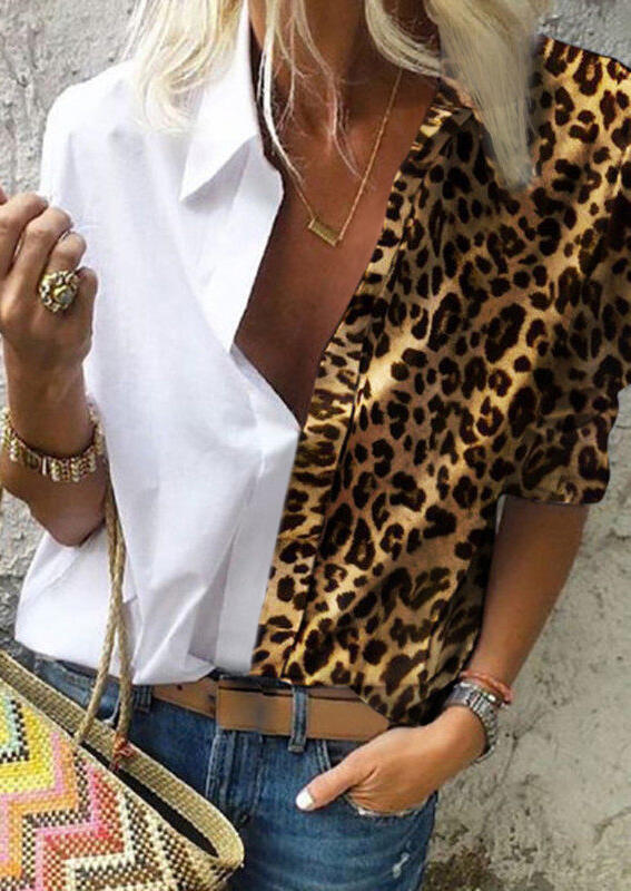 

Leopard Splicing V-Neck Shirt - White, 478703