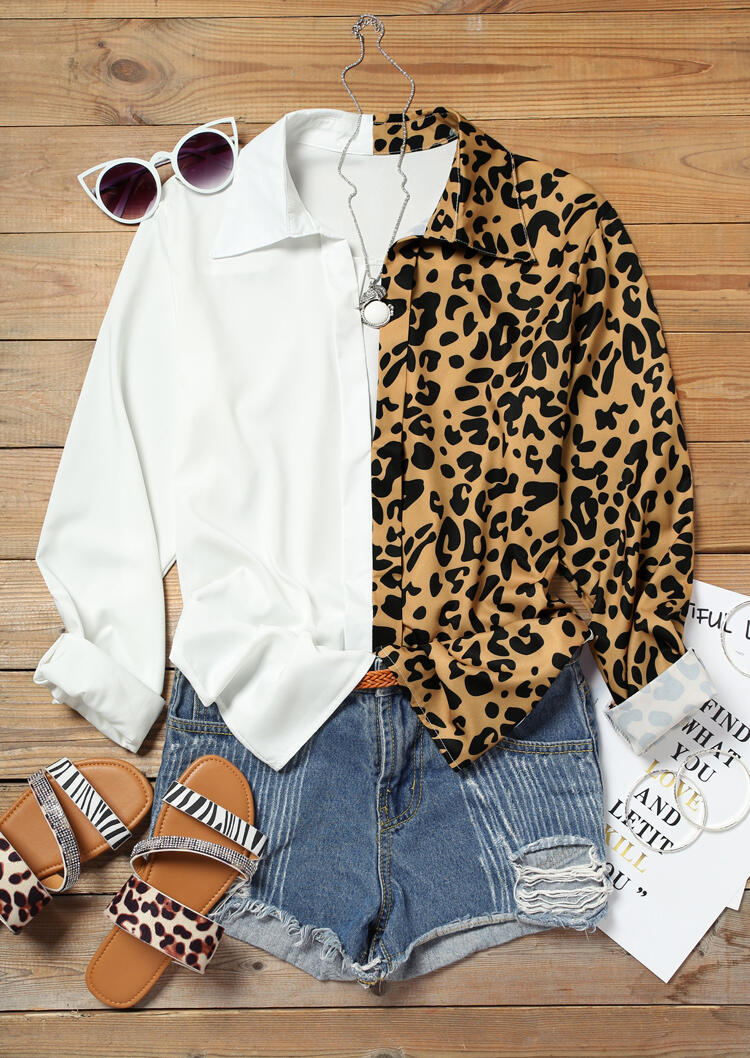 

Shirts Leopard Splicing V-Neck Shirt in White. Size