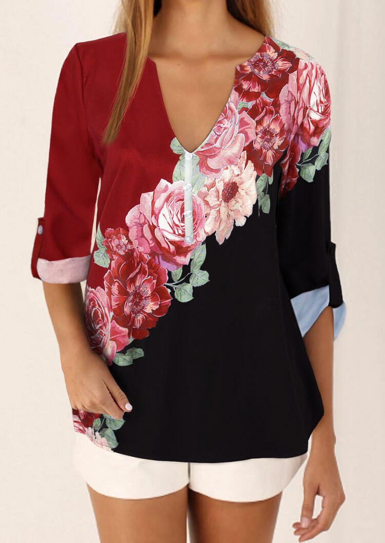 

Floral Tab-Sleeve V-Neck Button Blouse, Multicolor, 478747