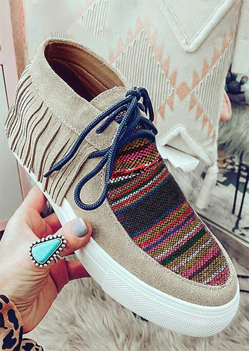 

Tassel Colorful Striped Lace Up Flat Sneakers, Multicolor, 478771