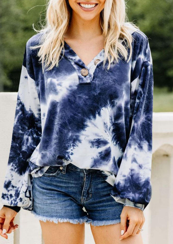 

Tie Dye Button V-Neck Sweatshirt - Navy Blue, 478780