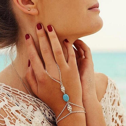 

Hollow Out Carved Turquoise Bridal Slave Finger Bracelet, Silver, 478826