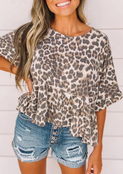 

Presale - Leopard Ruffled O-Neck Blouse, 478901