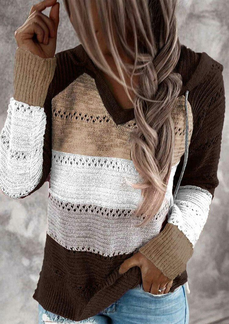 Color Block Hollow Out Drawstring Knitted Sweater - Dark Coffee